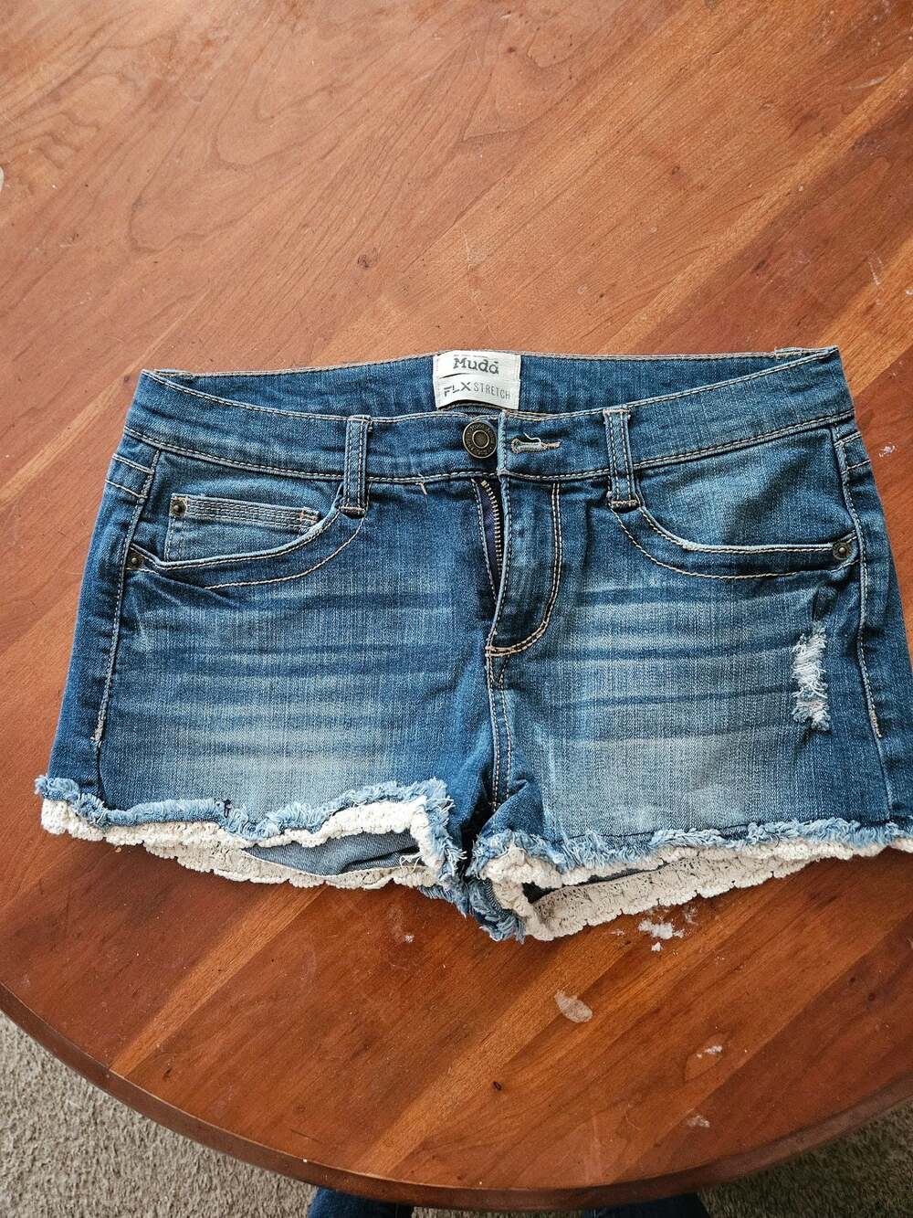 Mudd FLX Stretch Denim Jean Shorts Crochet Fringe Hem Juniors 9 Y2K Inspired